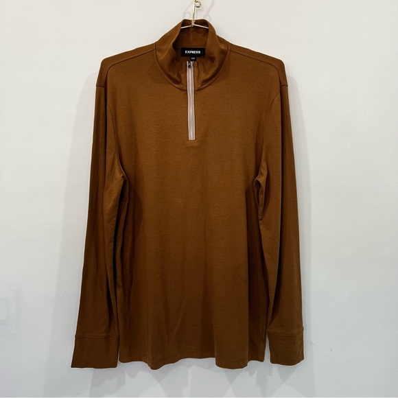 Express Fulton Tipped Quarter Zip Tee Brown Size Medium Long Sleeve - Picture 1 of 8